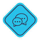 Small blue graphic of two conversation bubbles.