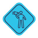 A blue badge with a person inside talking into a megaphone.