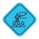 Blue badge graphic with a teacher teaching a class with a graphic on the board.