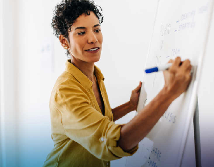 Woman writing something on a whiteboard with a sample LPI Self Empowered report in the bottom right corner.